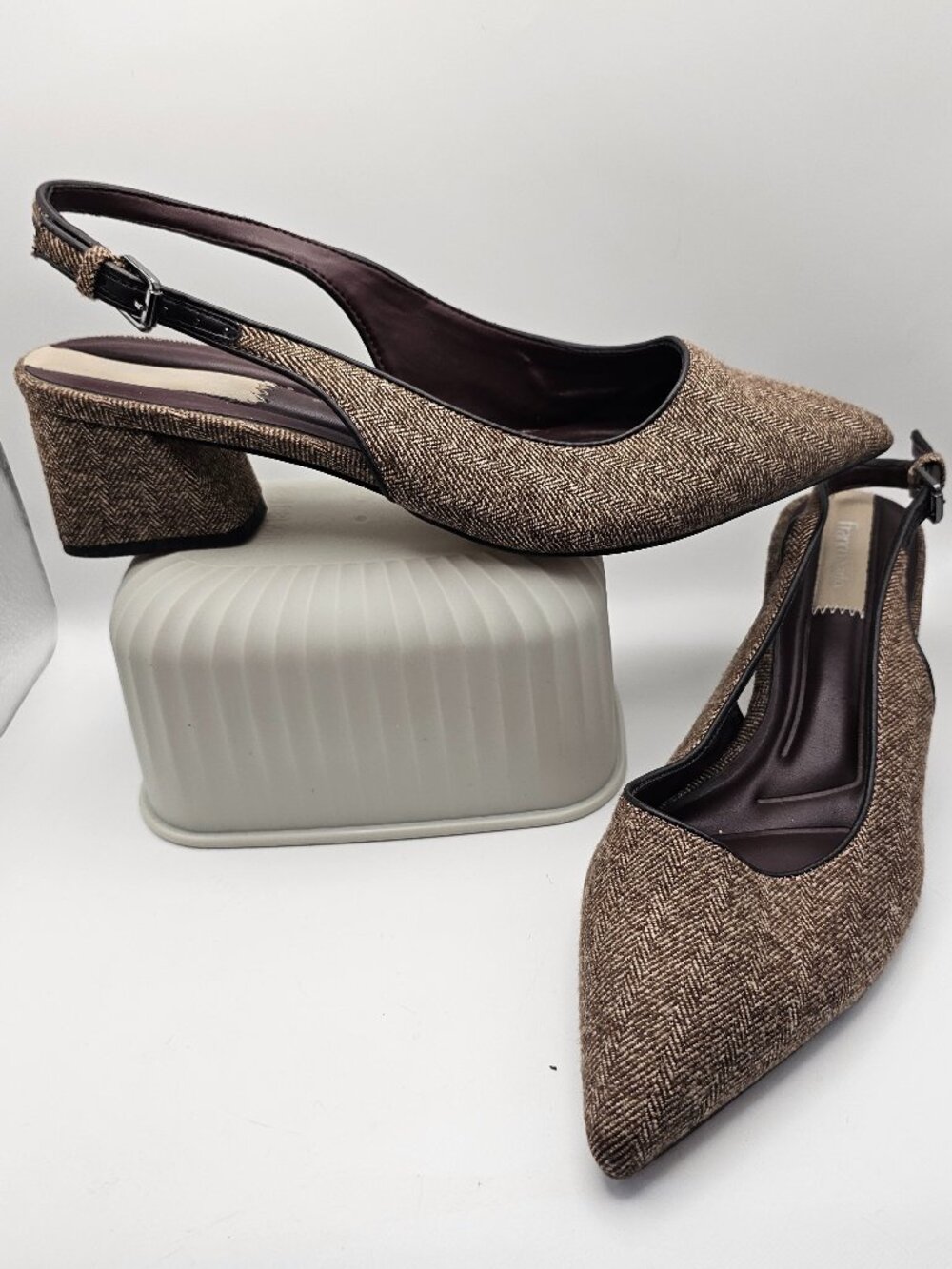 Franco Sarto Racer Brown Herringbone Tweed Pointed Toe Slingback Block Heels
